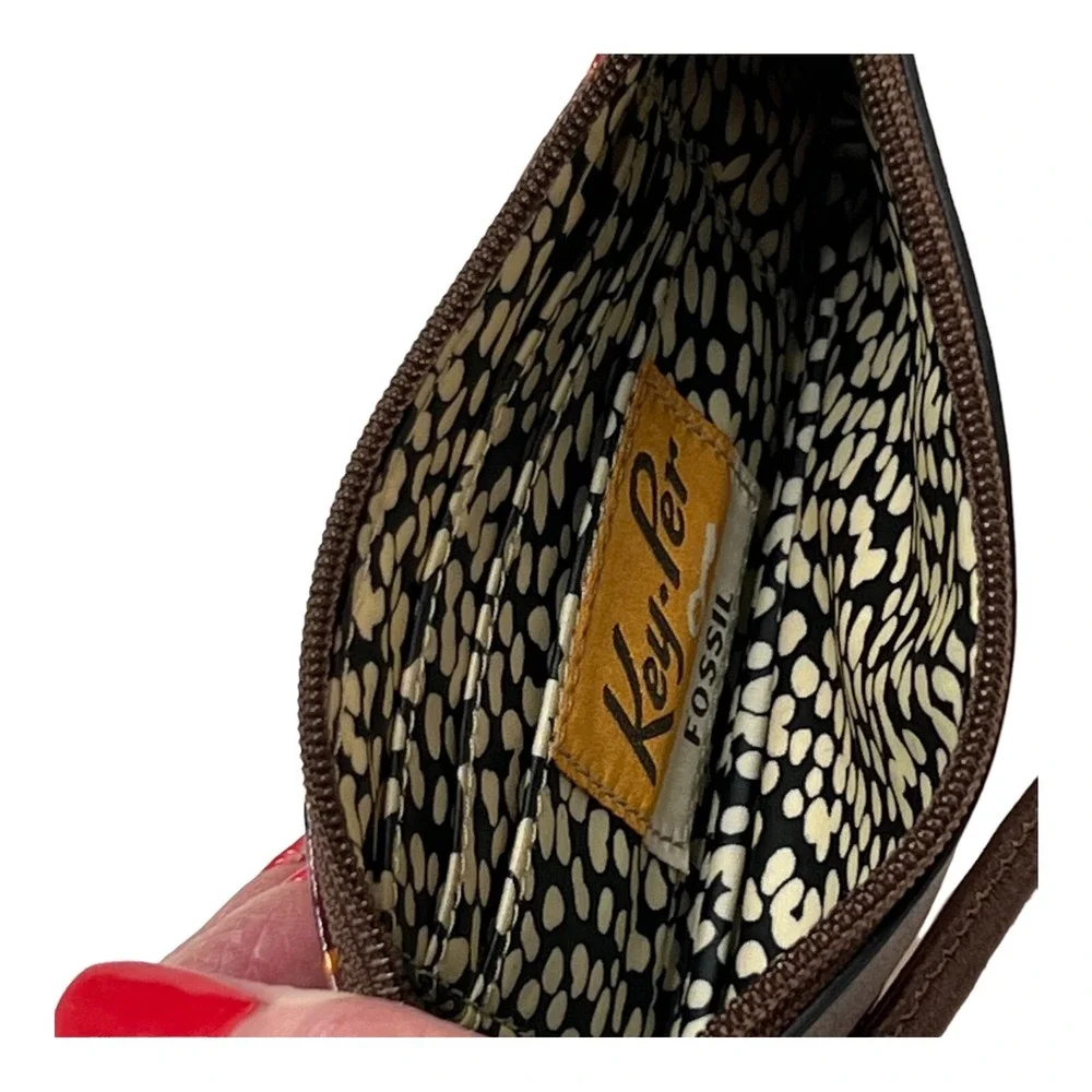 Fossil Wristlet Wallet Key Per Brown Coated‎ Canvas Geometrical Retro Print 70s